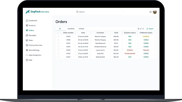 DogPack product listing management interface